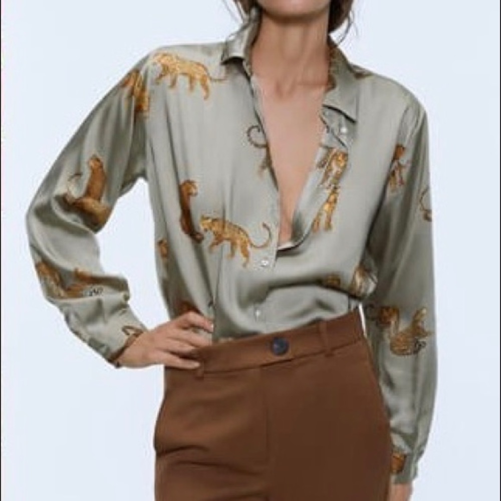 Zara Cheetah Print Satin Button Up Top | Sz Sm